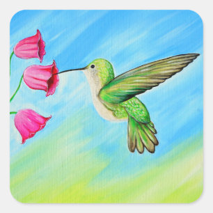 Hummingbird and Pink Bell Flowers Painting Square Sticker