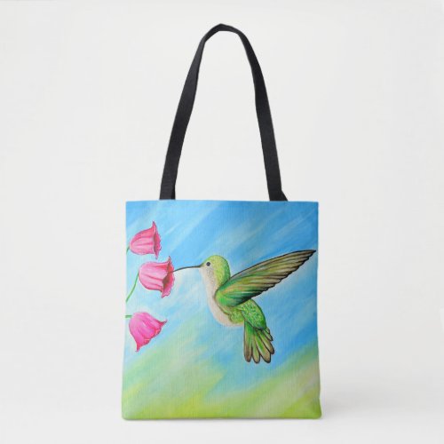 Hummingbird and Pink Bell Flowers Painting Tote Bag