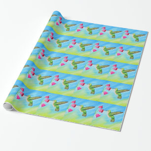 Hummingbird and Pink Bell Flowers Painting Wrapping Paper