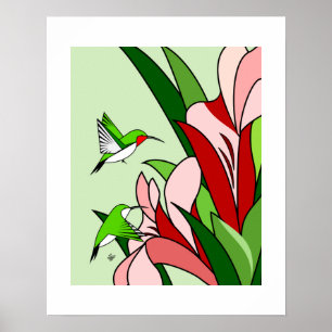 Hummingbird and PInk Flowers Art Poster