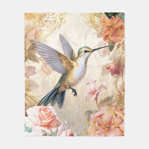 Hummingbird and Pink Flowers Fleece Blanket