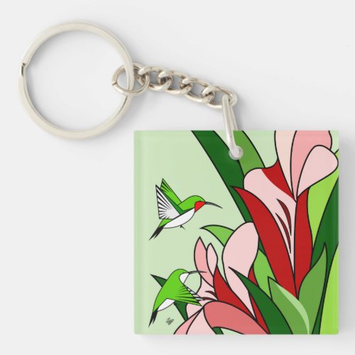 Hummingbird and Pink Flowers Keychain