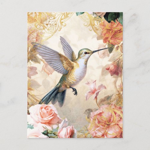 Hummingbird and Pink Flowers Postcard