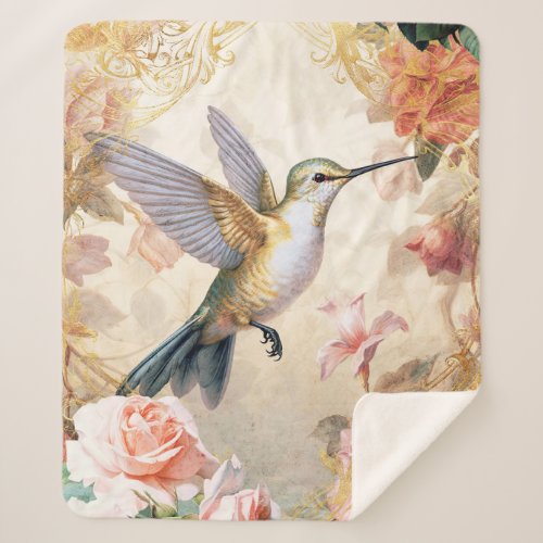 Hummingbird and Pink Flowers Sherpa Blanket