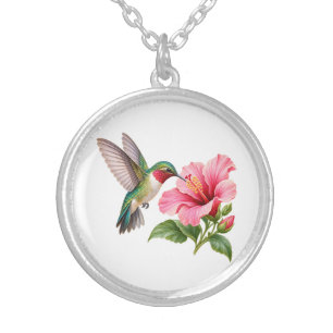 Hummingbird and Pink Hibiscus Floral Silver Plated Necklace