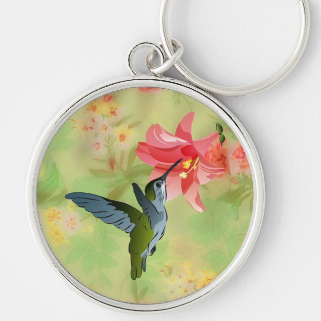 Hummingbird and Pink Lily on Floral Pattern Keychain (Front)