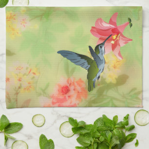 Hummingbird and Pink Lily on Floral Pattern Kitchen Towel