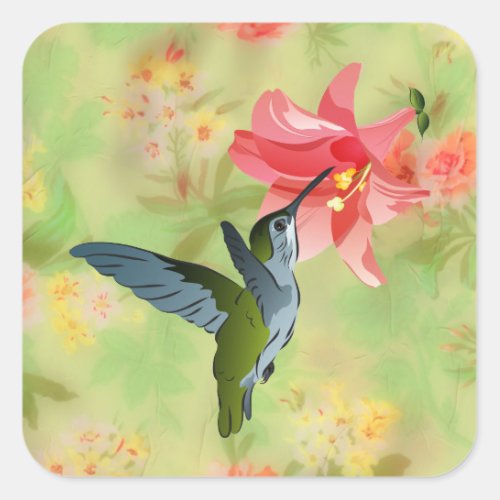 Hummingbird and Pink Lily on Floral Pattern Square Sticker