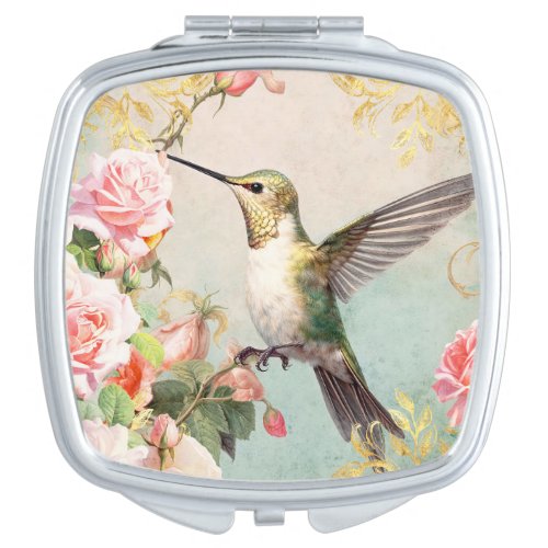 Hummingbird and Pink Roses Compact Mirror