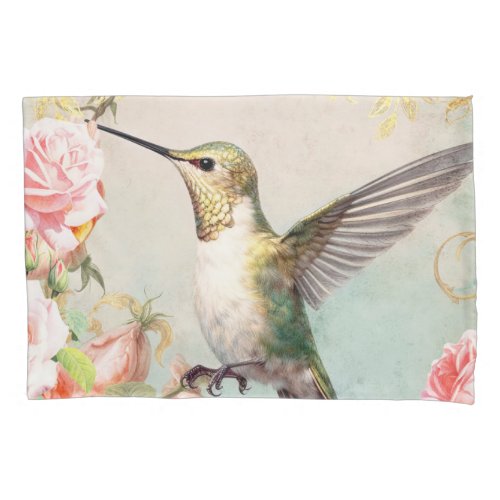 Hummingbird and Pink Roses Pillow Case