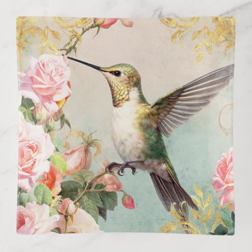 Hummingbird and Pink Roses Trinket Tray