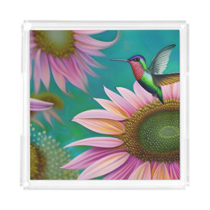 Hummingbird and Pink Sunflower Acrylic Tray