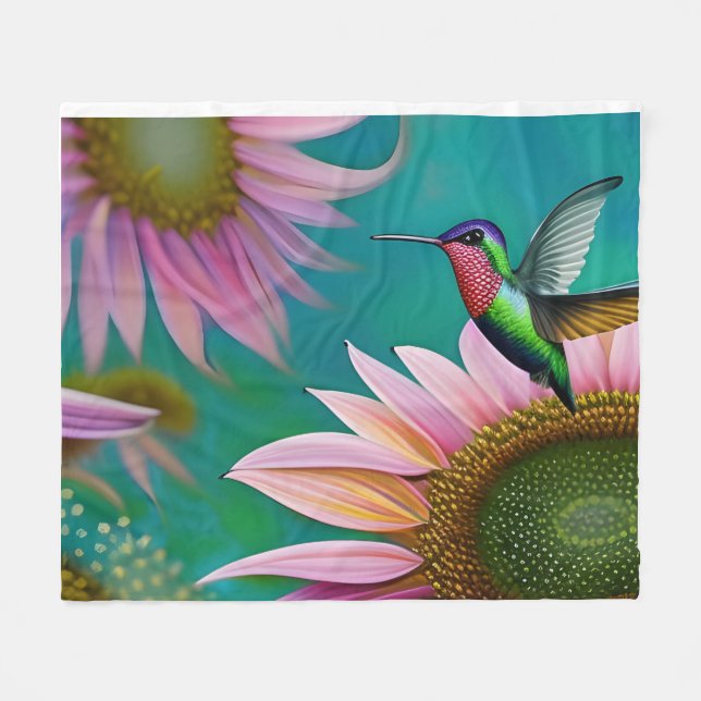 Hummingbird and Pink Sunflower Fleece Blanket (Front (Horizontal))