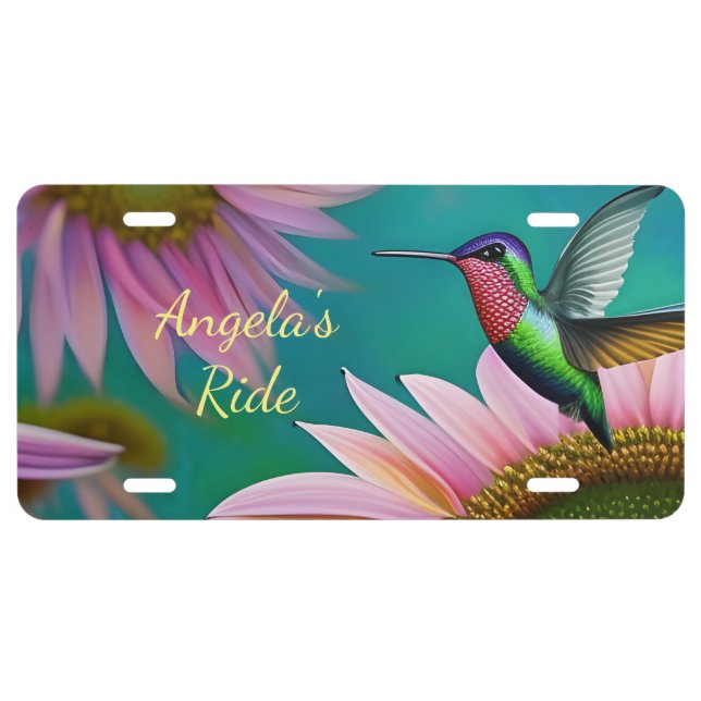 Hummingbird and Pink Sunflower License Plate (Front)