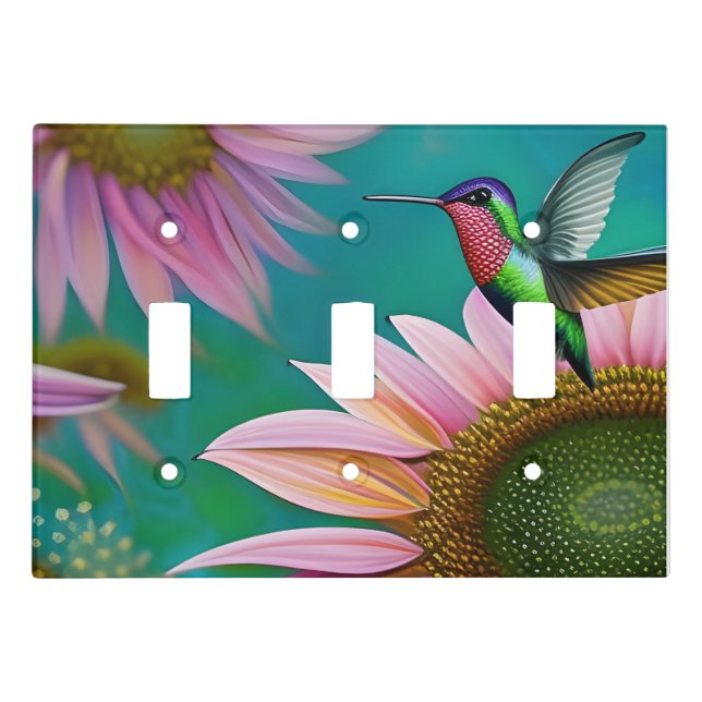 Hummingbird and Pink Sunflower on Teal Light Switch Cover (Front)