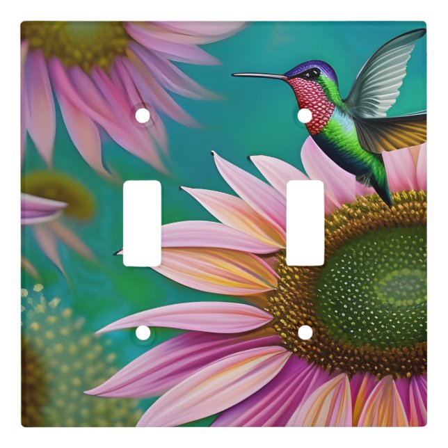 Hummingbird and Pink Sunflower on Teal Light Switch Cover (Front)