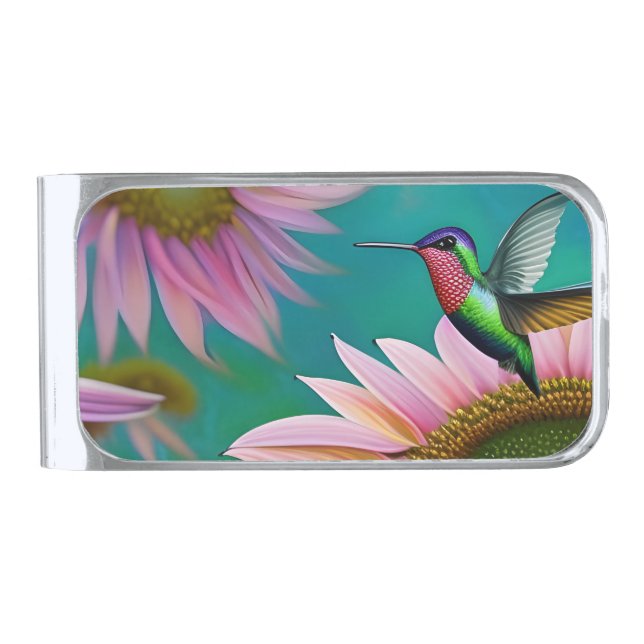 Hummingbird and Pink Sunflower  Silver Finish Money Clip (Front)