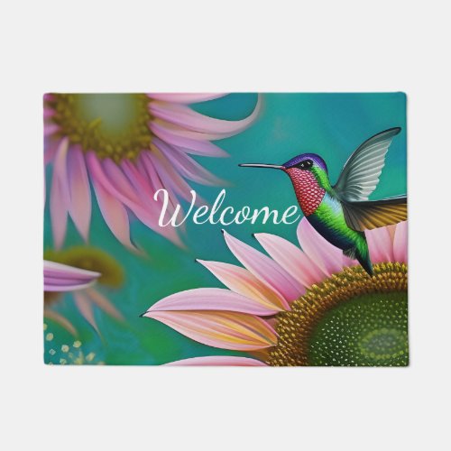 Hummingbird and Pink Sunflower WELCOME Doormat
