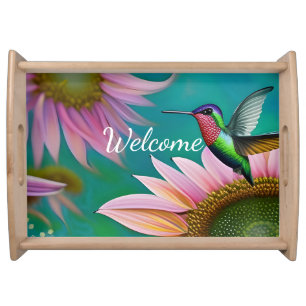 Hummingbird and Pink Sunflower WELCOME Serving Tray
