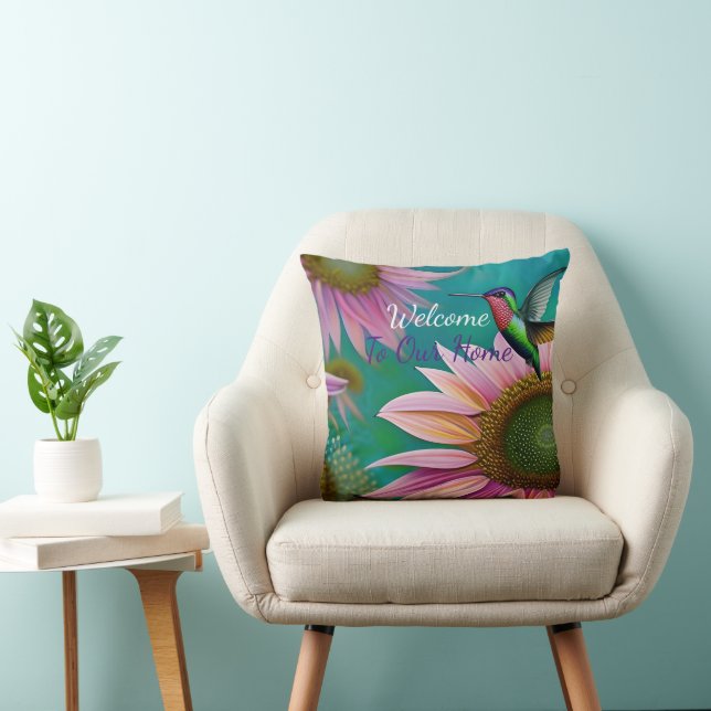Hummingbird and Pink Sunflower WELCOME Throw Pillow (Chair)