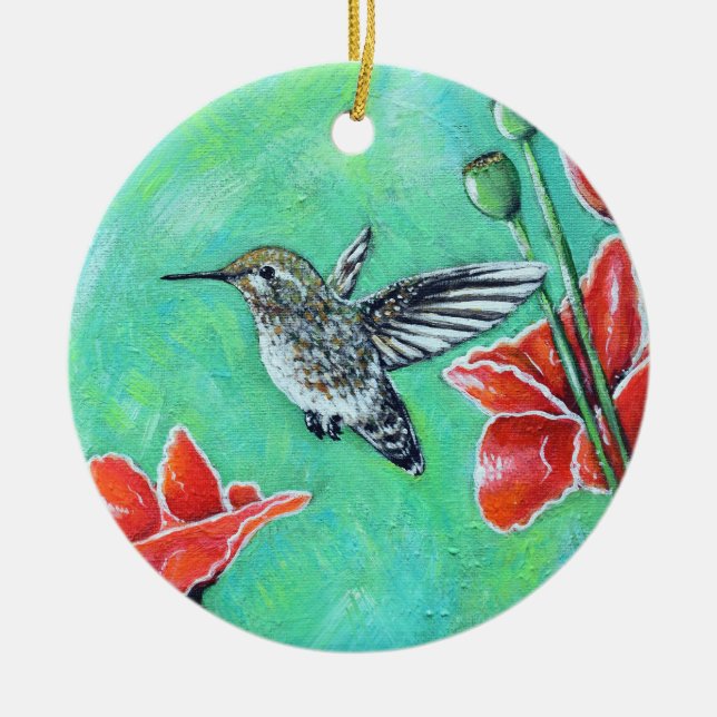 Hummingbird and Poppies Painting Ceramic Ornament (Front)