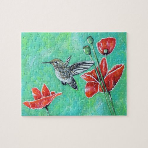 Hummingbird and Poppies Painting Jigsaw Puzzle