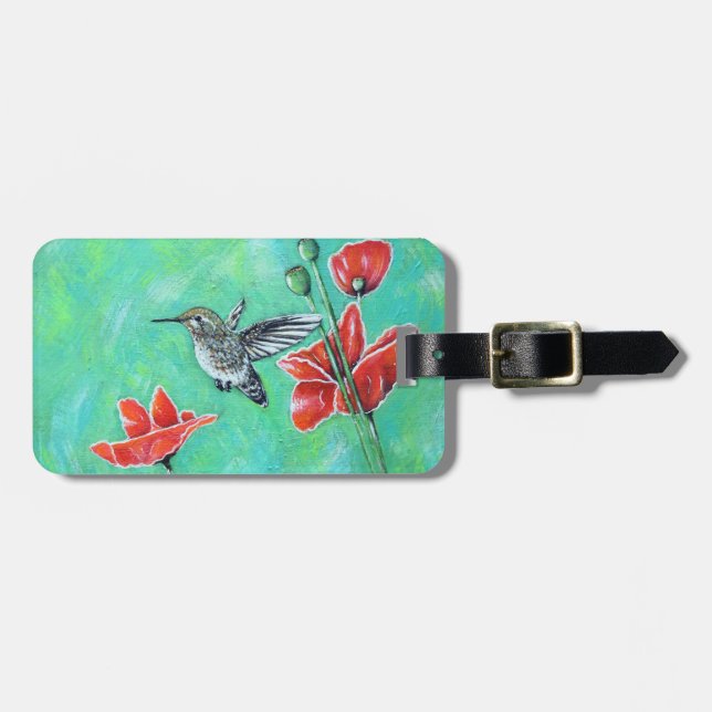 Hummingbird and Poppies Painting Luggage Tag (Front Horizontal)