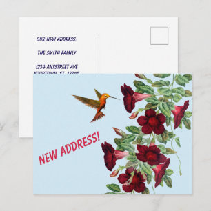 Hummingbird and Red Flowers New Address Postcard