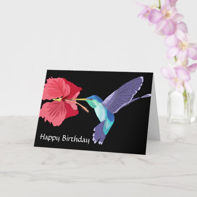 Hummingbird and Red Hibiscus Happy Birthday Card (Orchid)