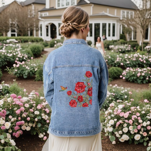 Hummingbird and Red Roses Denim Jacket (Wedding Back)