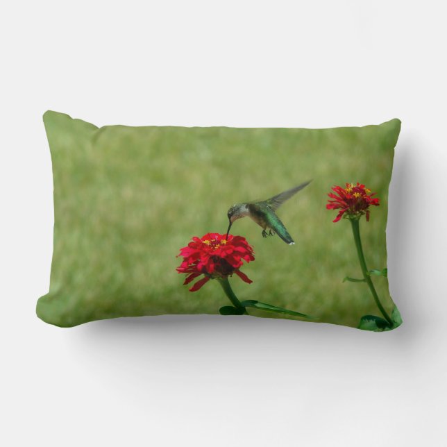 Hummingbird and Red Zinnias Lumbar Pillow (Front)