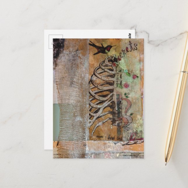 Hummingbird and ribcage mixed media collage postcard (Front/Back In Situ)