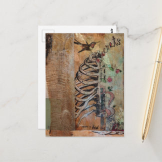 Hummingbird and ribcage secret mixed media collage postcard