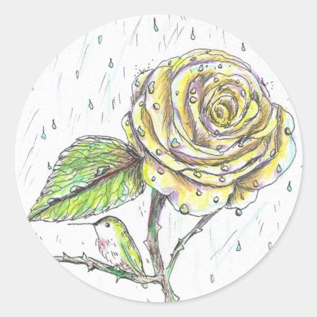 Hummingbird and Rose in the Rain Drawing Classic Round Sticker (Front)