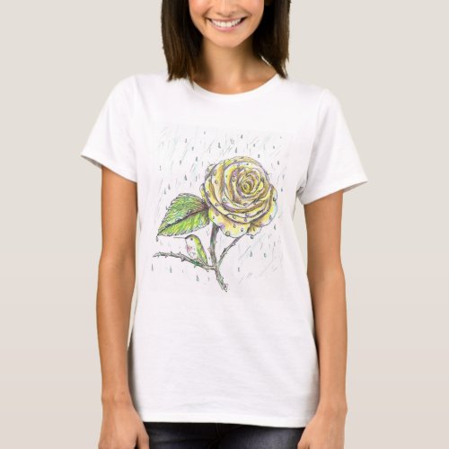 Hummingbird and Rose in the Rain Drawing T_Shirt