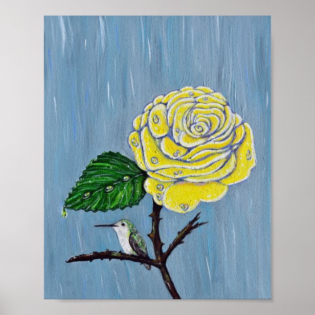 Hummingbird and Rose in the Rain Painting Poster (Front)