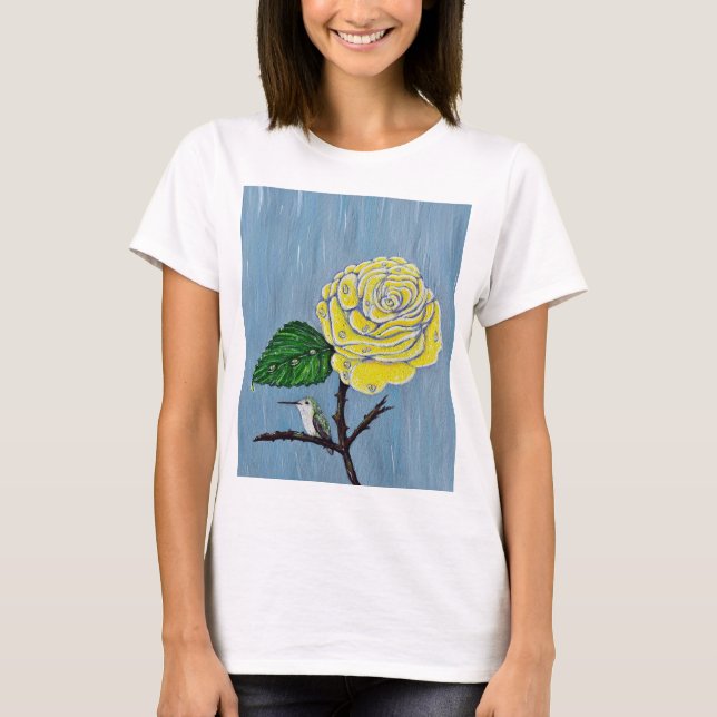 Hummingbird and Rose in the Rain Painting T-Shirt (Front)