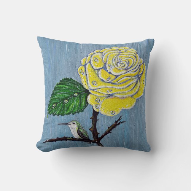 Hummingbird and Rose in the Rain Painting Throw Pillow (Front)
