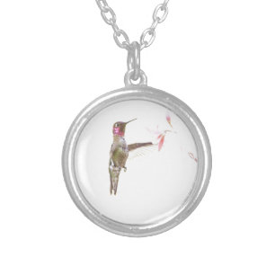 Hummingbird and Single Flower Silver Plated Necklace