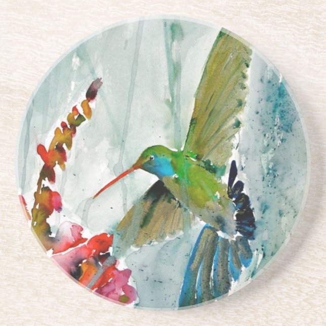 Hummingbird and Snapdragon Round Sandstone Coaster (Front)
