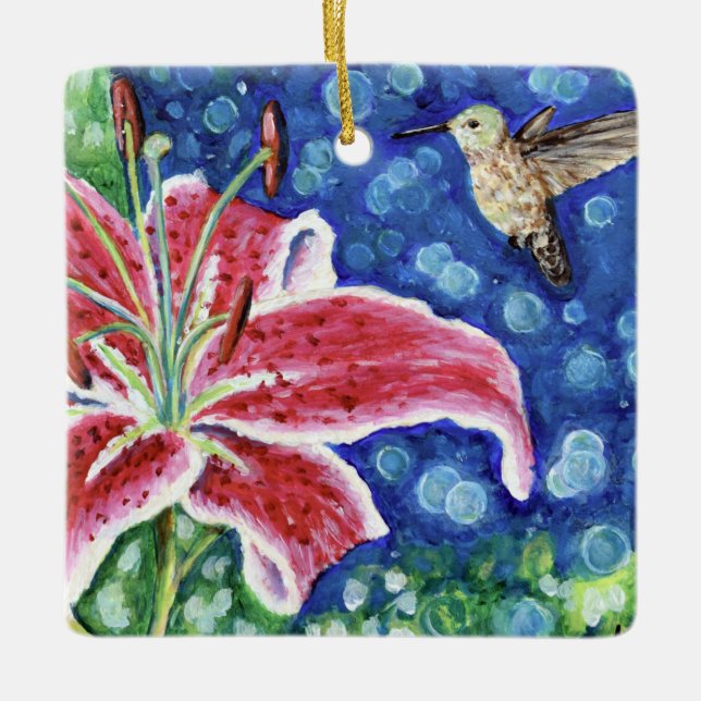 Hummingbird and Stargazer Lily Painting Ceramic Ornament (Front)