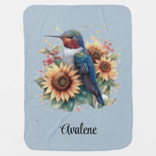 Hummingbird and Sunflower Blue Baby Shower Gift Blanket