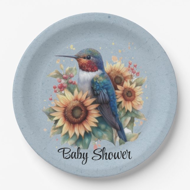 Hummingbird and Sunflower Blue Baby Shower Paper Plates (Front)