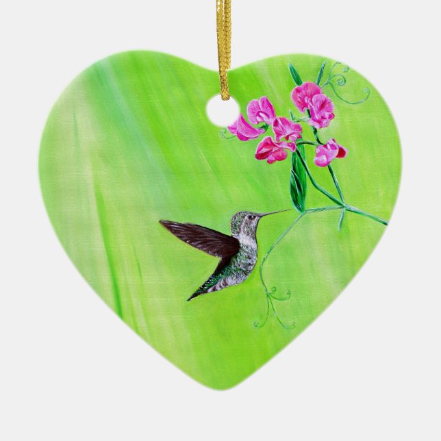 Hummingbird and Sweet Peas Painting Ceramic Ornament (Front)