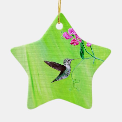 Hummingbird and Sweet Peas Painting Ceramic Ornament