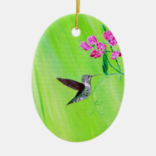 Hummingbird and Sweet Peas Painting Ceramic Ornament