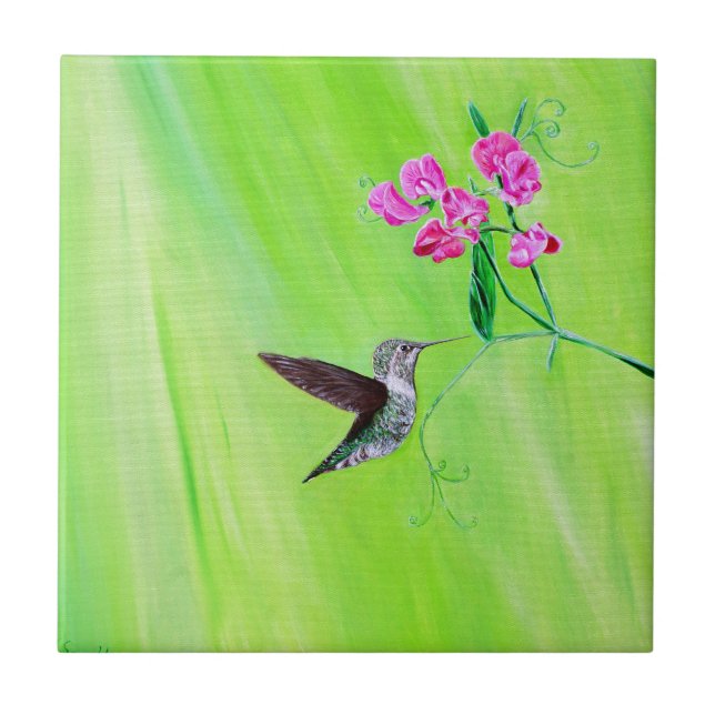 Hummingbird and Sweet Peas Painting Ceramic Tile (Front)