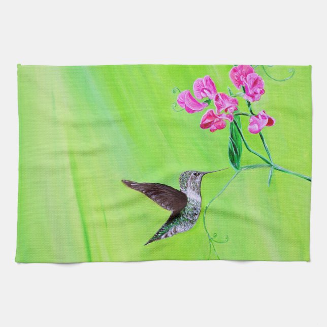 Hummingbird and Sweet Peas Painting Kitchen Towel (Horizontal)