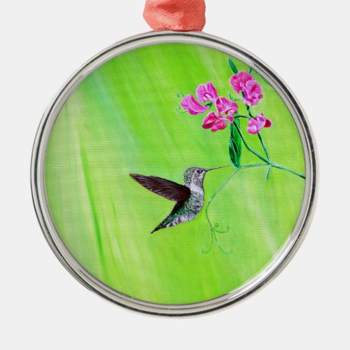 Hummingbird and Sweet Peas Painting Metal Ornament