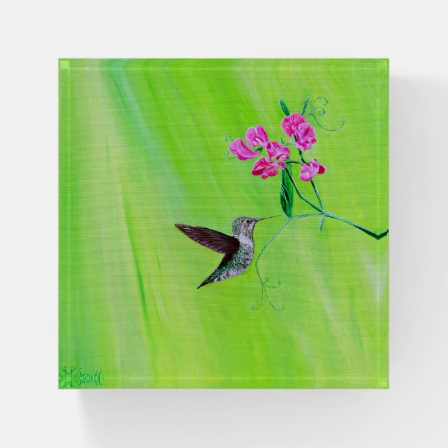Hummingbird and Sweet Peas Painting Paperweight (Front)
